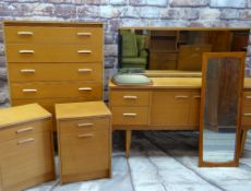 MID-CENTURY LEBUS BEDROOM FURNITURE, comprising six drawer chest and two bedside cupboards, mirror