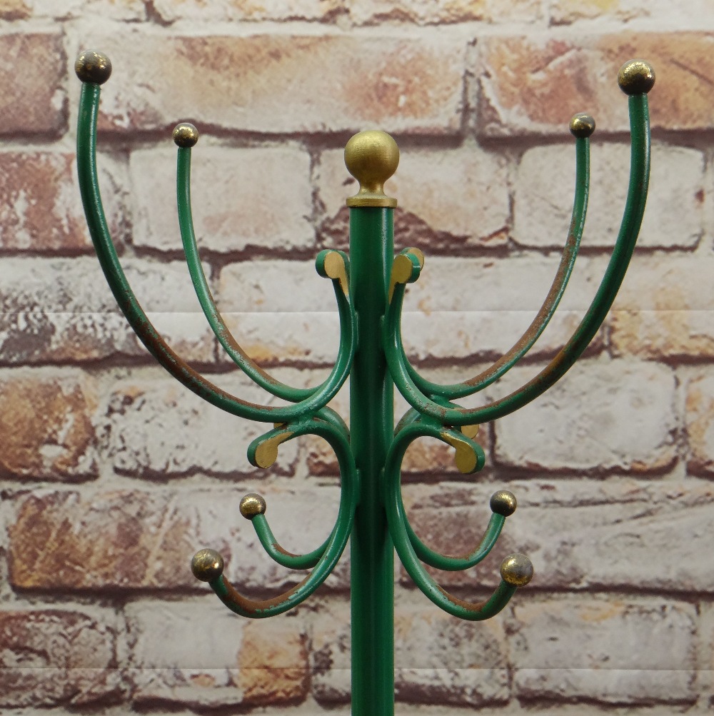 CONTINENTAL PAINTED WROUGHT IRON HAT STAND with gilt ball finials, later gold and green paint,