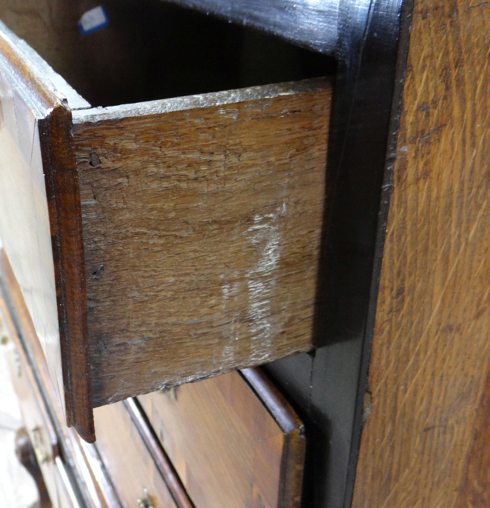 WILLIAM & MARY JOINED OAK, WALNUT CROSSBANDED, PARCEL EBONISED AND MARQUETRY CHEST ON STAND, elm - Image 6 of 11