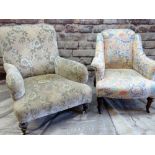 TWO VICTORIAN EASY CHAIRS, one with pink floral printed fabric, the other green and caramel velure