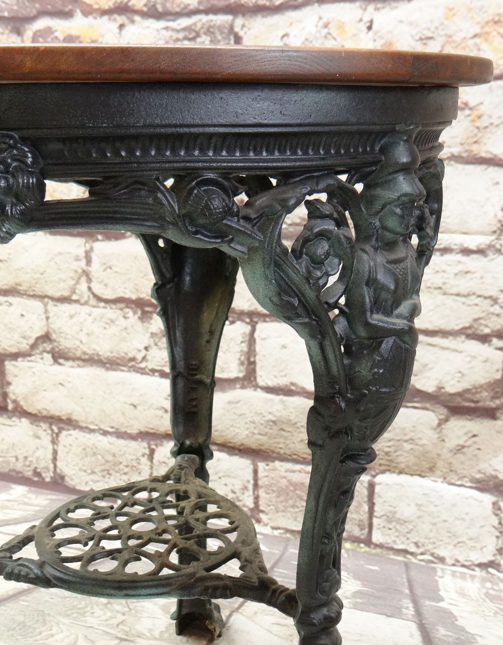 MODERN VICTORIAN-STYLE METAL & STAINED WOOD PUB TABLE, legs pierced and cast with Britannia, llion's - Image 3 of 4