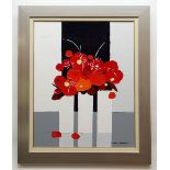 NIGEL J GREAVES (b.1948) acrylic on canvas - Three Vases, still life of red blossoms, titled and