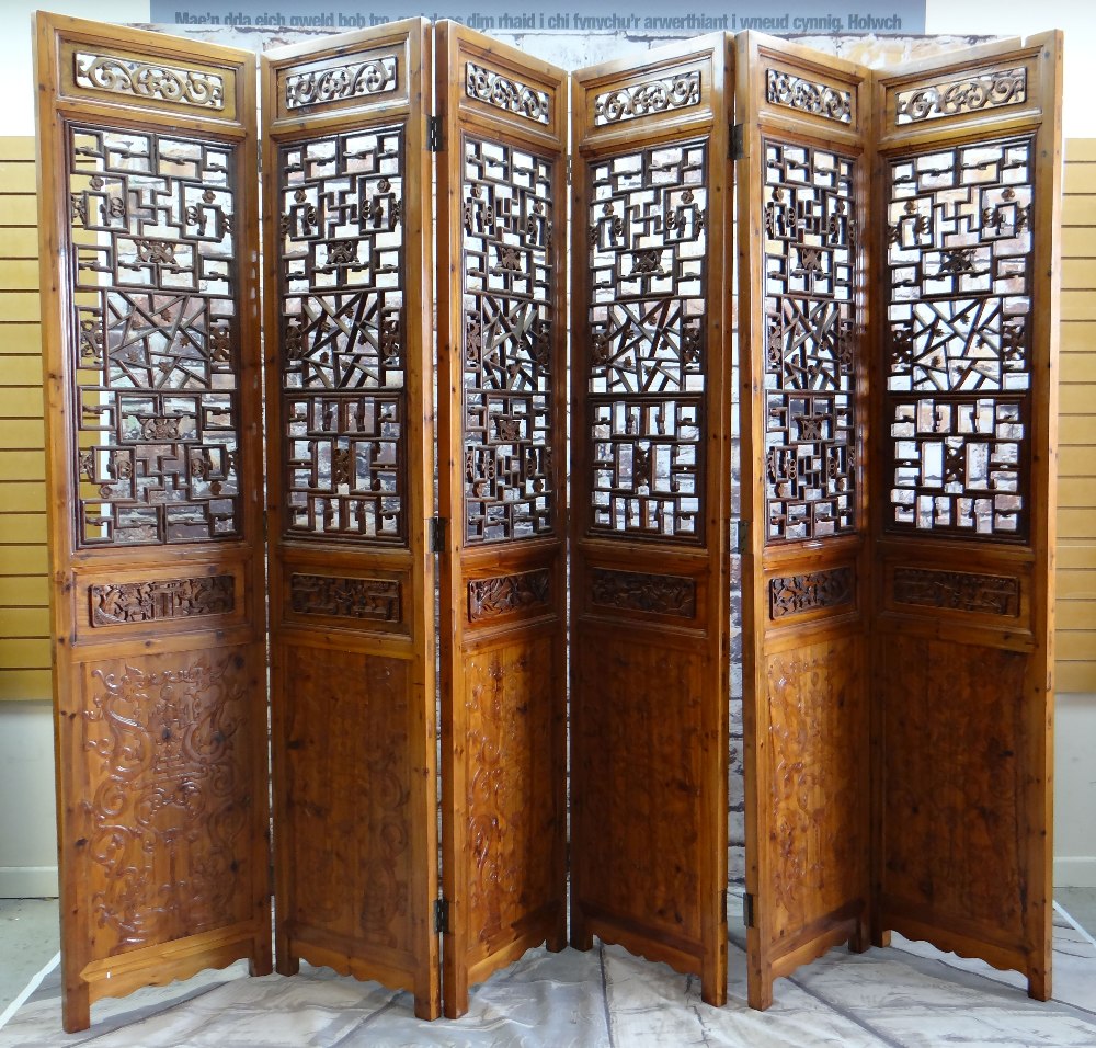 TALL CHINESE CARVED ELM SIX-LEAF SCREEN, reticulated top and centre panels decorated with bats, cash