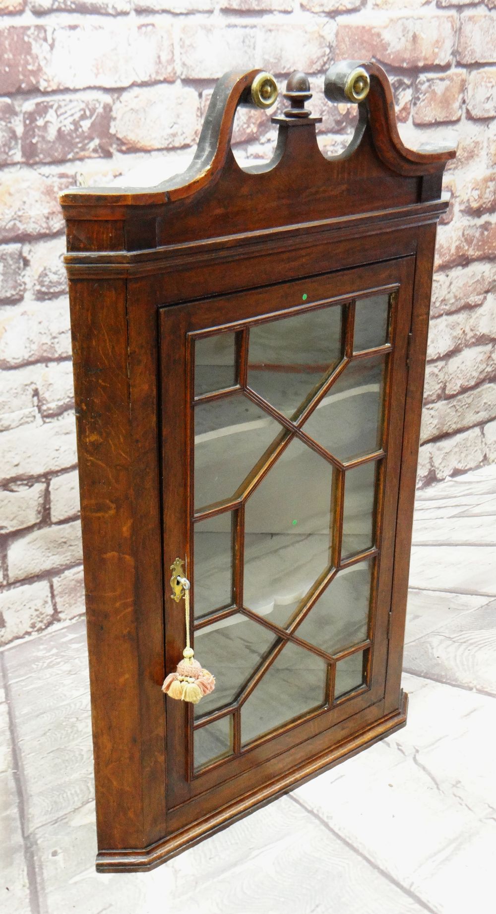 18TH CENTURY OAK HANGING CORNER CABINET, swan neck pediment with brass caps, later acorn finial, - Image 2 of 2