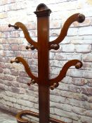 VICTORIAN MAHOGANY HALL STAND, with scrolled arms, turned hooks, and metal inset stick stand base,