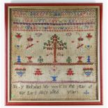 MID-VICTORIAN NEEDLEWORK SAMPLER, by Mary Nicholas 1860, with alphabet above Adam & Eve, shrubs,