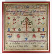 MID-VICTORIAN NEEDLEWORK SAMPLER, by Mary Nicholas 1860, with alphabet above Adam & Eve, shrubs,