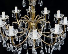 VICTORIAN-STYLE GILT METAL & GLASS TEN BRANCH CEILING LIGHT, central column with acanthus leaf