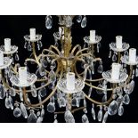 VICTORIAN-STYLE GILT METAL & GLASS TEN BRANCH CEILING LIGHT, central column with acanthus leaf