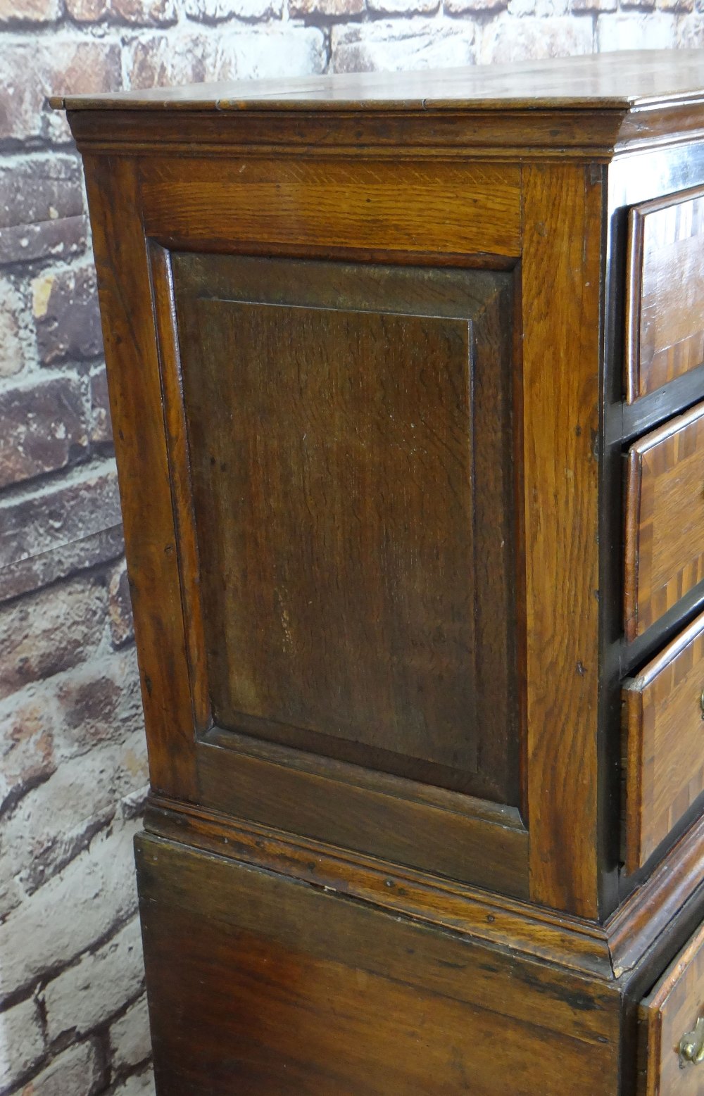 WILLIAM & MARY JOINED OAK, WALNUT CROSSBANDED, PARCEL EBONISED AND MARQUETRY CHEST ON STAND, elm - Image 4 of 11