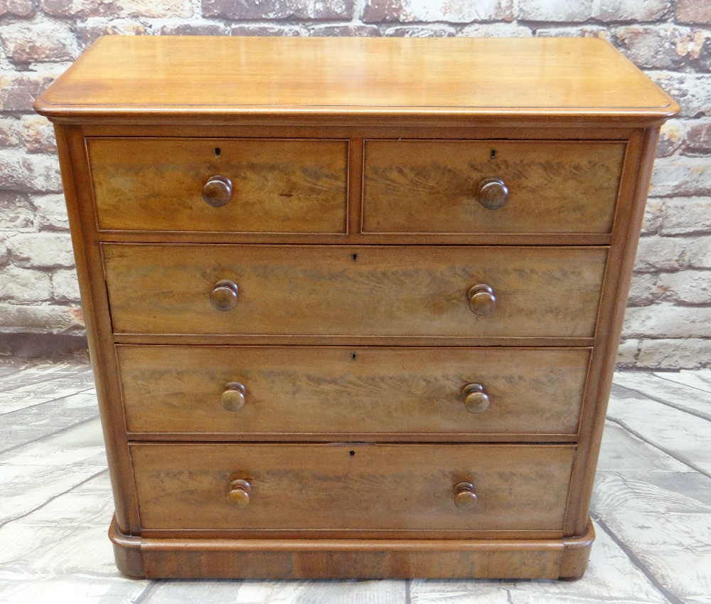 VICTORIAN MAHOGANY CHEST, fitted two short and three long graduated drawers, on plinth with