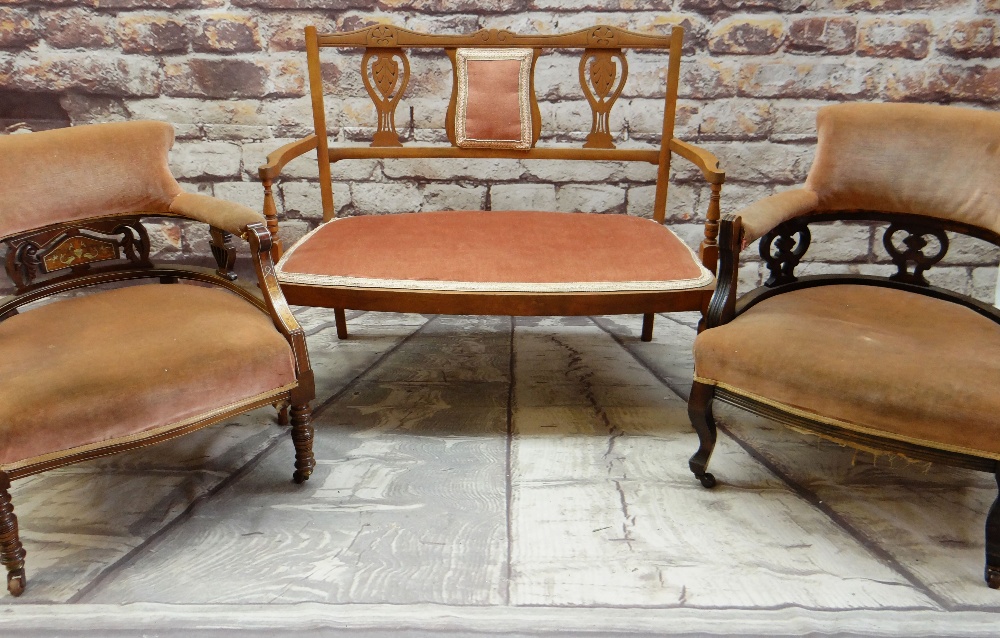 THREE ASSORTED SALON SEATS IN PINK VELURE/DRAYLON UPHOLSTERY, comprising settee and two chairs,