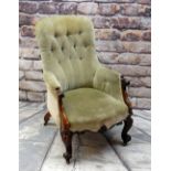 GOOD VICTORIAN ROSEWOOD BUTTON-BACK ARMCHAIR, olive green velour upholstery, foliate carved seat