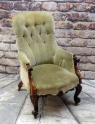 GOOD VICTORIAN ROSEWOOD BUTTON-BACK ARMCHAIR, olive green velour upholstery, foliate carved seat