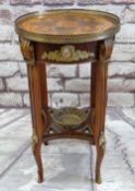 LOUIS XVI-STYLE GILT BRASS & MARQUETRY GUERIDON, floral inlaid top with pierced brass gallery, frie