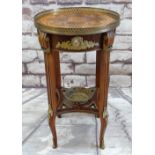 LOUIS XVI-STYLE GILT BRASS & MARQUETRY GUERIDON, floral inlaid top with pierced brass gallery, frie