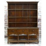 MODERN REPRODUCTION OAK WELSH DRESSER, boarded delft rack with wrought iron hooks, on base fitted