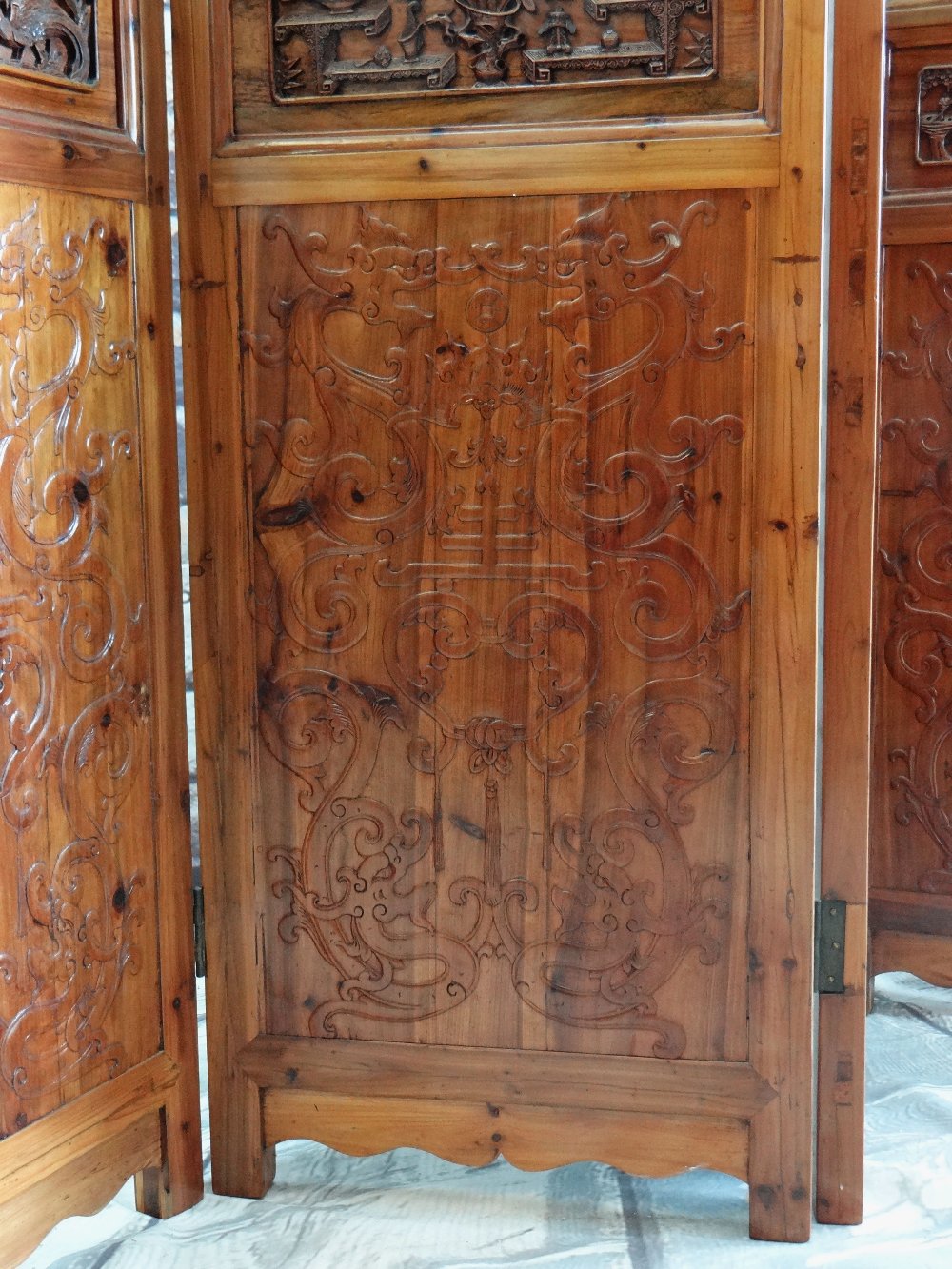 TALL CHINESE CARVED ELM SIX-LEAF SCREEN, reticulated top and centre panels decorated with bats, cash - Image 2 of 12