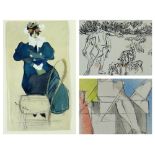 JACQUES VILLON (French,1875-1963) three prints: (i) lady in blue dress, 23 x 13cms; (ii) colour
