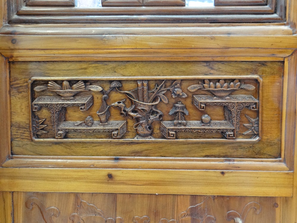 TALL CHINESE CARVED ELM SIX-LEAF SCREEN, reticulated top and centre panels decorated with bats, cash - Image 4 of 12