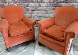 PAIR 20TH CENTURY EASY ARMCHAIRS, pink velure/dralon upholstered fabric (2)