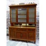 EDWARDIAN OAK KITCHEN DRESSER, foliate carved pediment above shaped cornice and paper-lined and