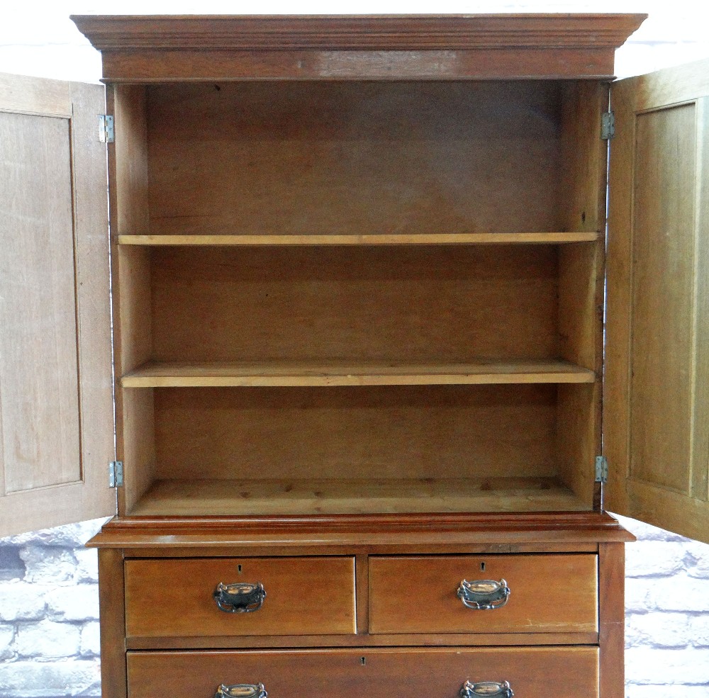 EARLY 20TH CENTURY LINEN PRESS with shaped cornice, panelled doors above arrangement of four - Image 4 of 4