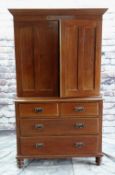 EARLY 20TH CENTURY LINEN PRESS with shaped cornice, panelled doors above arrangement of four