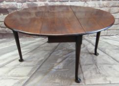 MID 18TH CENTURY MAHOGANY GATELEG DINING TABLE, oval drop flap top on club legs with caddy moulded