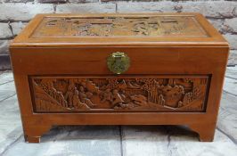 CHINESE CAMPHORWOOD CHEST, with carved top and sides, 90w x 45d x 52cms h Condition: minor scuffs