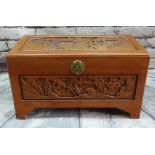 CHINESE CAMPHORWOOD CHEST, with carved top and sides, 90w x 45d x 52cms h Condition: minor scuffs