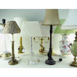 ASSORTED ORNAMENTAL TABLE LIGHTS, including giltwood, agate and glass examples, some with shades (