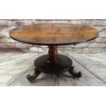 EARLY VICTORIAN WALNUT BREAKFAST TABLE with circular tilt action top on baluster turned column and