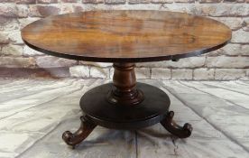 EARLY VICTORIAN WALNUT BREAKFAST TABLE with circular tilt action top on baluster turned column and