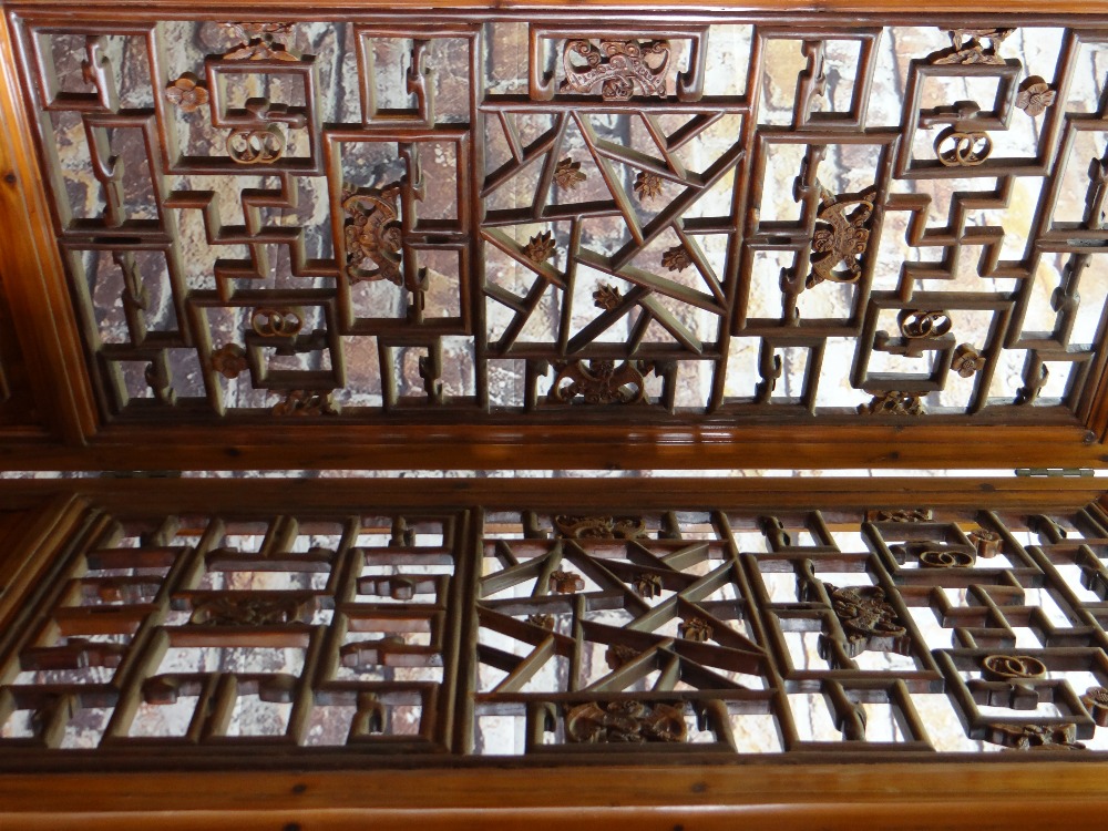 TALL CHINESE CARVED ELM SIX-LEAF SCREEN, reticulated top and centre panels decorated with bats, cash - Image 3 of 12