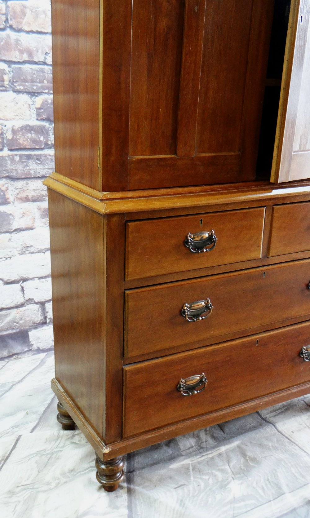 EARLY 20TH CENTURY LINEN PRESS with shaped cornice, panelled doors above arrangement of four - Image 3 of 4