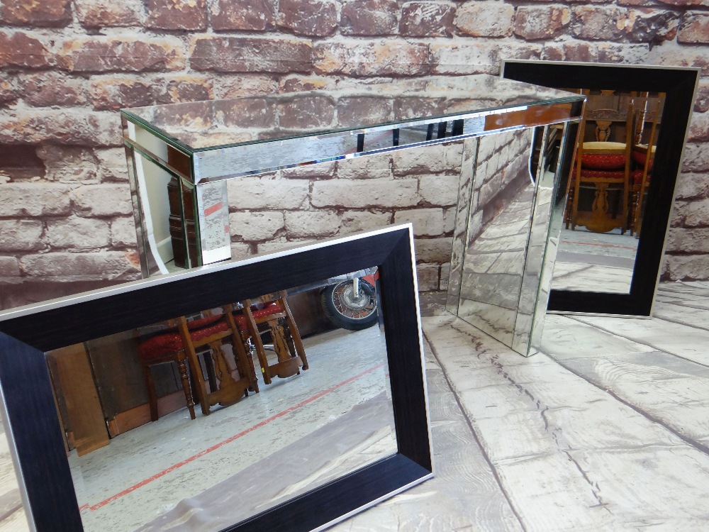 CONTEMPORARY MIRROR GLASS HALL TABLE & PAIR WALL MIRRORS, table 122w x 40d x 89cms h, mirrors 92 x