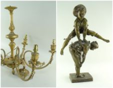 FIVE-BRANCH CEILING LIGHT AND SCULPTURE OF LEAP-FROGGING BOYS, the former of gilt metal, 58 diam x