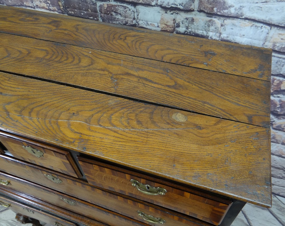 WILLIAM & MARY JOINED OAK, WALNUT CROSSBANDED, PARCEL EBONISED AND MARQUETRY CHEST ON STAND, elm - Image 8 of 11