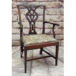 CHIPPENDALE-STYLE CARVED MAHOGANY CHILD'S ARMCHAIR, pierced and carved splat, needlepoint