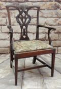 CHIPPENDALE-STYLE CARVED MAHOGANY CHILD'S ARMCHAIR, pierced and carved splat, needlepoint