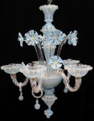 MODERN ITALIAN GLASS FIVE-LIGHT CHANDELIER, probably Murano, latticino blue and opaque white glass