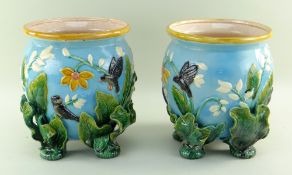 PAIR MINTON-STYLE MAJOLICA JARDINIERES, with bird and leaf moulded decoration on four naturalistic