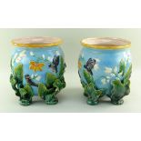 PAIR MINTON-STYLE MAJOLICA JARDINIERES, with bird and leaf moulded decoration on four naturalistic