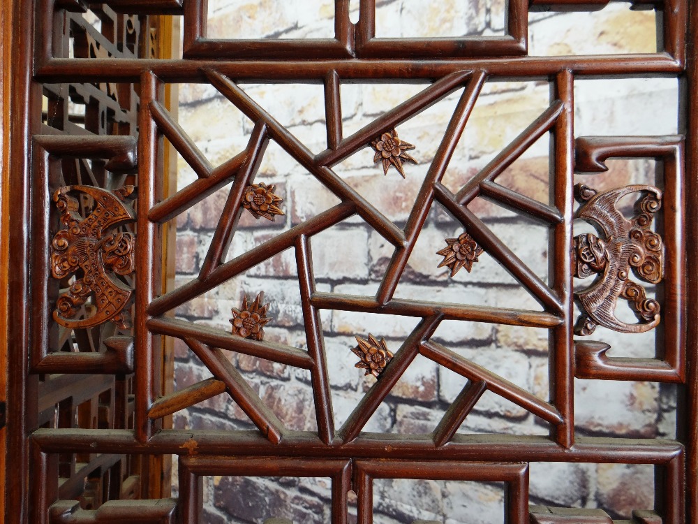 TALL CHINESE CARVED ELM SIX-LEAF SCREEN, reticulated top and centre panels decorated with bats, cash - Image 12 of 12