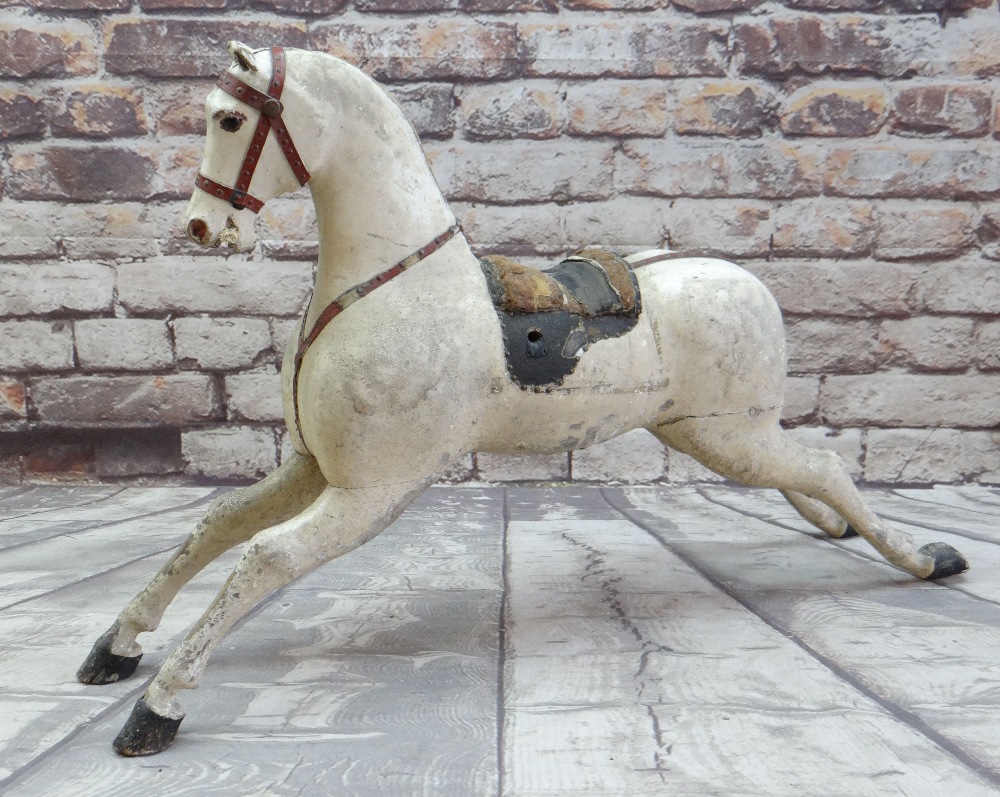ENGLISH CARVED WOOD ROCKING HORSE, probably 19th Century, later painted body with remains of - Image 2 of 8