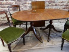 REPRODUCTION MAHOGANY & BRASS INLAID TWIN PEDESTAL DINING TABLE & SET VICTORIAN CHAIRS, the