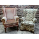 TWO EASY WING-BACK ARMCHAIRS, both with scrolled arms, cabriole feet, one pink velure upholstery,