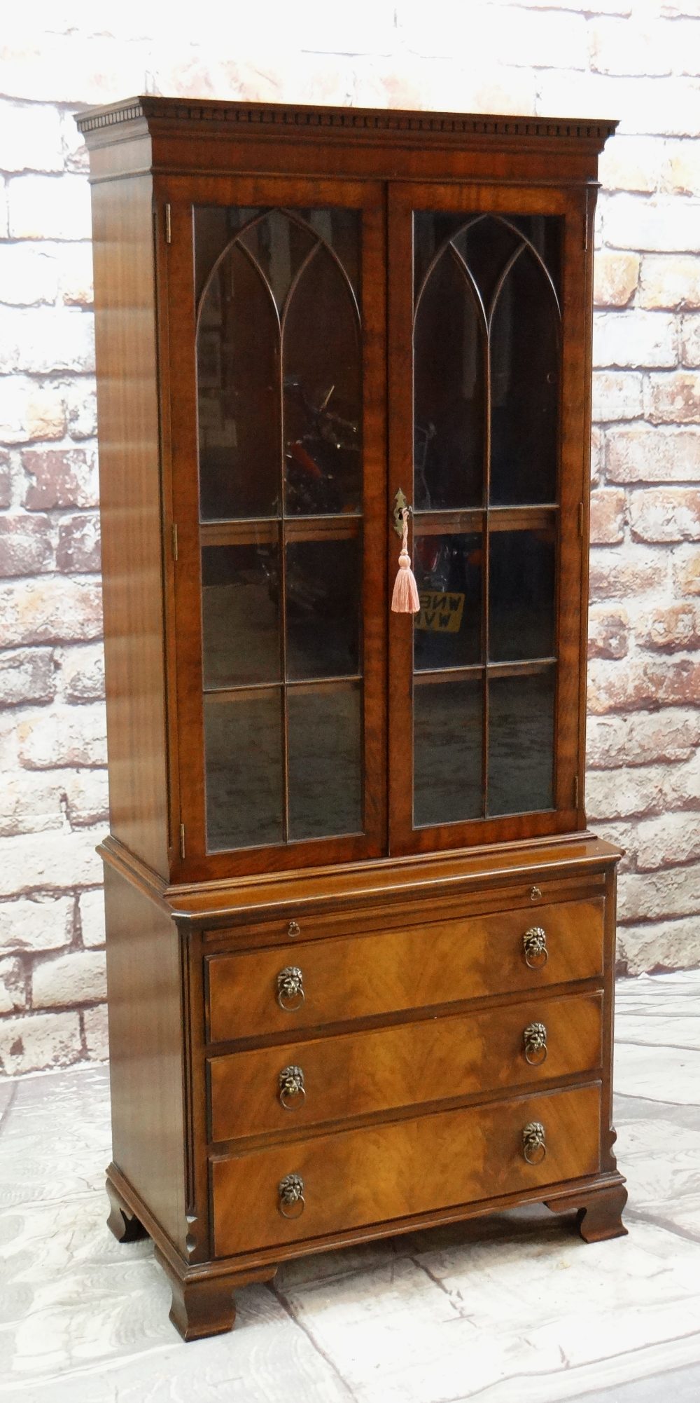 BEVAN FUNNEL REPRODUX MAHOGANY DWARF BOOKCASE, dentil cornice, astragal glazed doors and chest