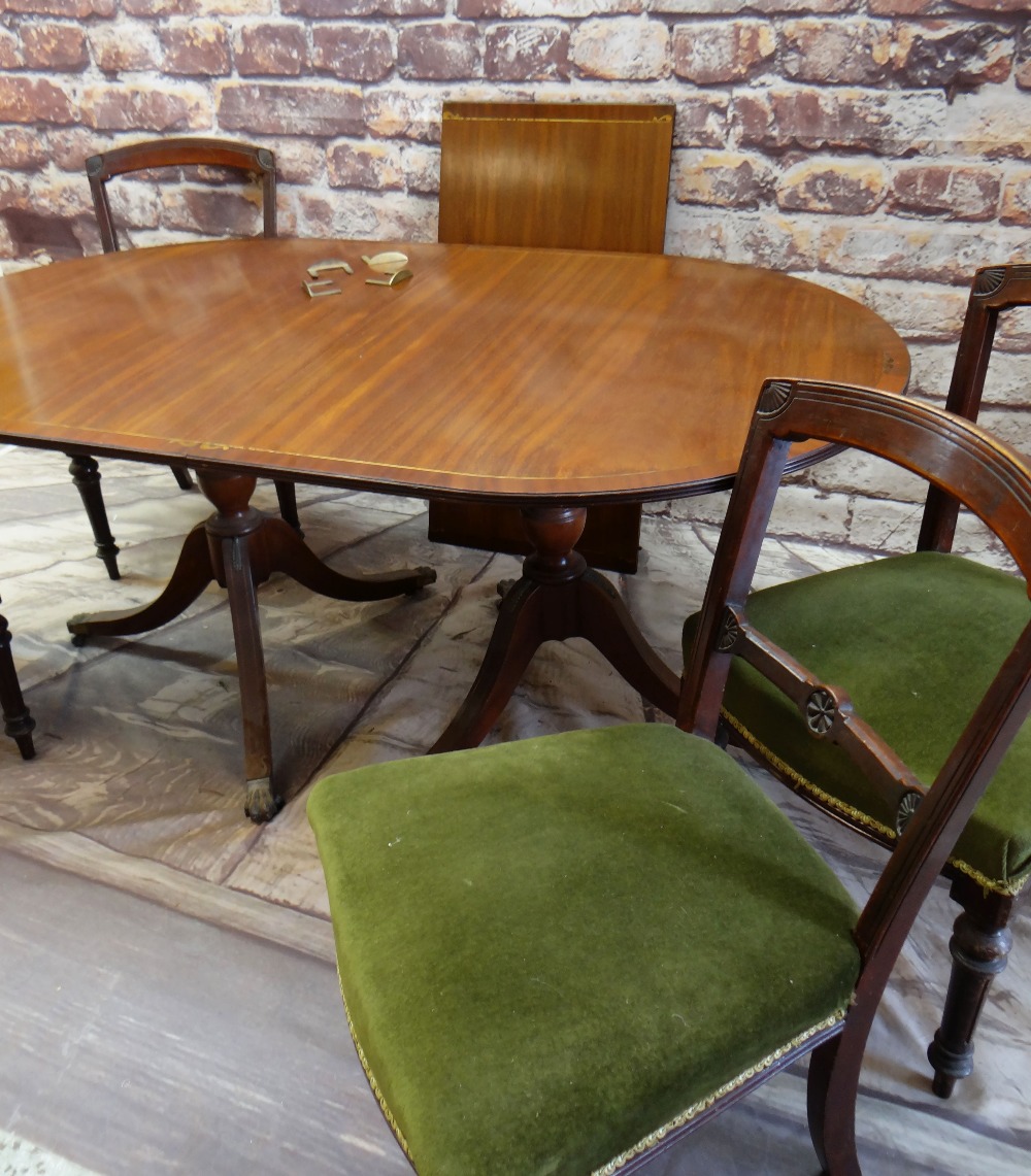 REPRODUCTION MAHOGANY & BRASS INLAID TWIN PEDESTAL DINING TABLE & SET VICTORIAN CHAIRS, the - Image 2 of 3